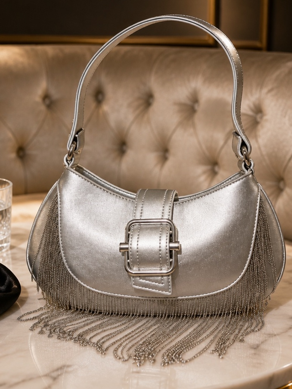 Fashion Nova Metallic Silver Fringe Shoulder Bag with Buckle